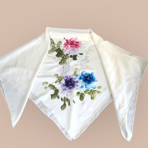 Pure 100% Silk Scarf Floral Hand Paint Chiffon Shawl Wrap Kerchief Bandana Cream - Picture 6 of 12